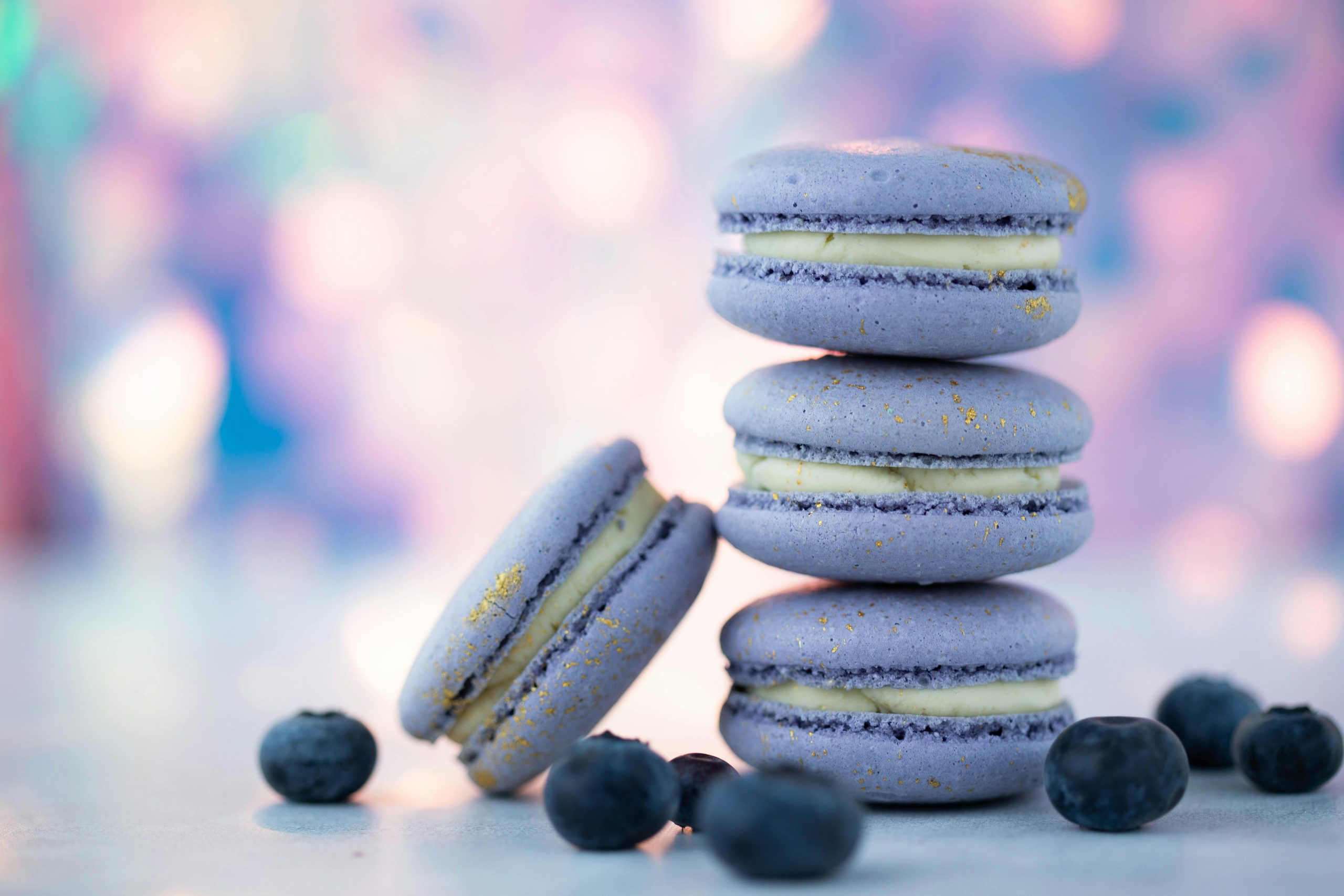 Gentle purple macaroons with white delicate cream near fresh ripe blueberries on blurred background